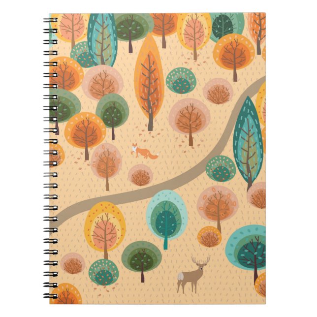 Caderno Espiral Floresta de outono com árvores de mão plana abstra (Frente)