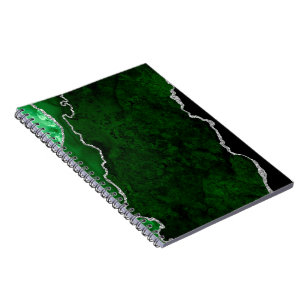 Caderno Espiral Floresta Glamourosa Mármore Verde Chic Prata Brilh