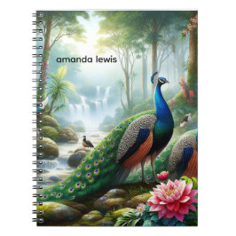 Caderno Espiral Floresta Tropical com Pavão Personalizada 