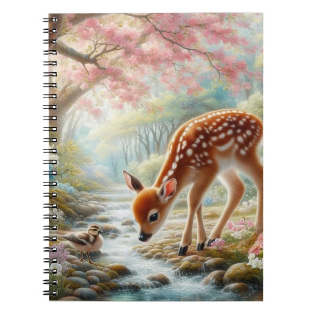 Caderno Espiral Florestas de primavera com pato e fada/veado (Frente)