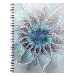 Caderno Espiral Flourar Abstrato Moderno Flor Fractal Com Azul