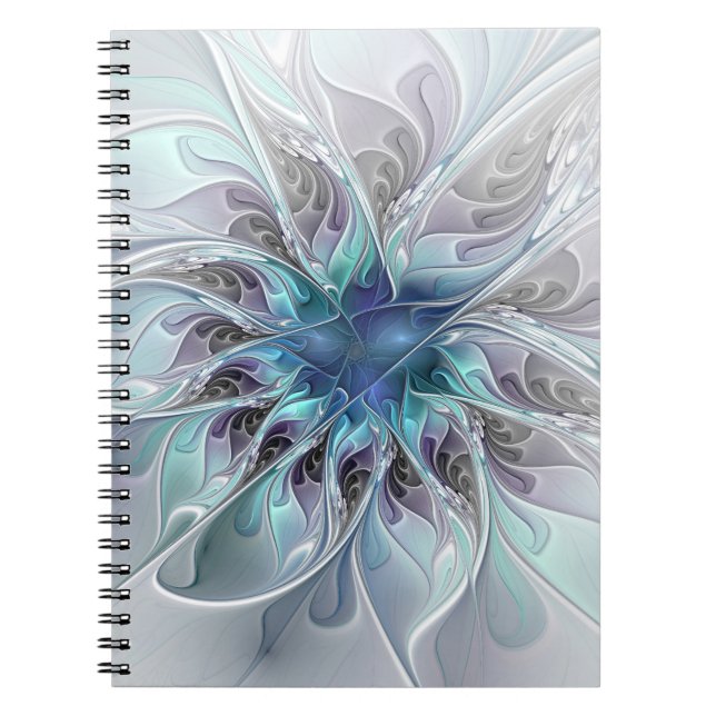 Caderno Espiral Flourar Abstrato Moderno Flor Fractal Com Azul (Frente)