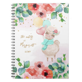 Caderno Espiral Fluffy Llama Illustra Flores Diário de Rapariga