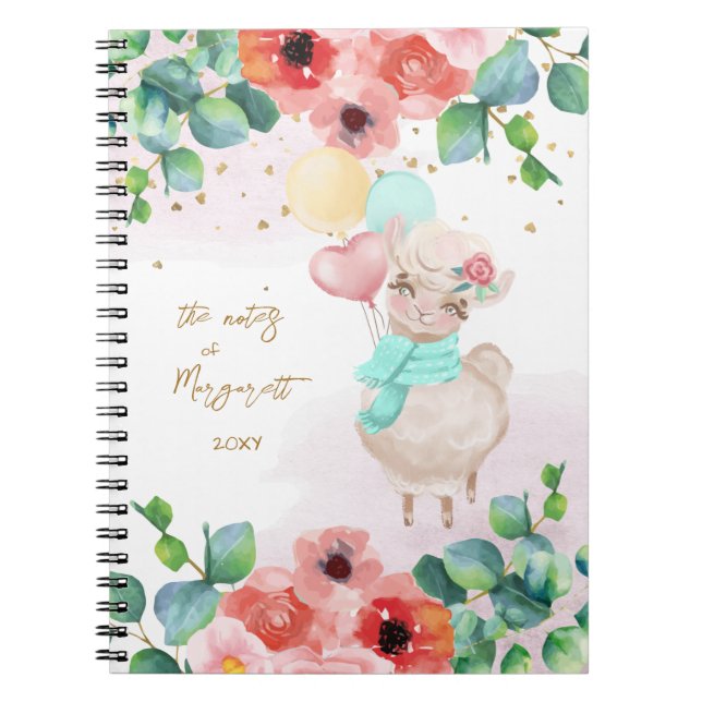 Caderno Espiral Fluffy Llama Illustra Flores Diário de Rapariga (Frente)