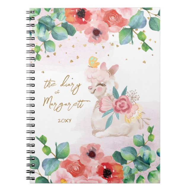 Caderno Espiral Fluffy Llama Illustra Flores Diário de Rapariga (Frente)