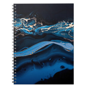 Caderno Espiral Fluido Arte Líquida Metálico Dourado em azul abstr