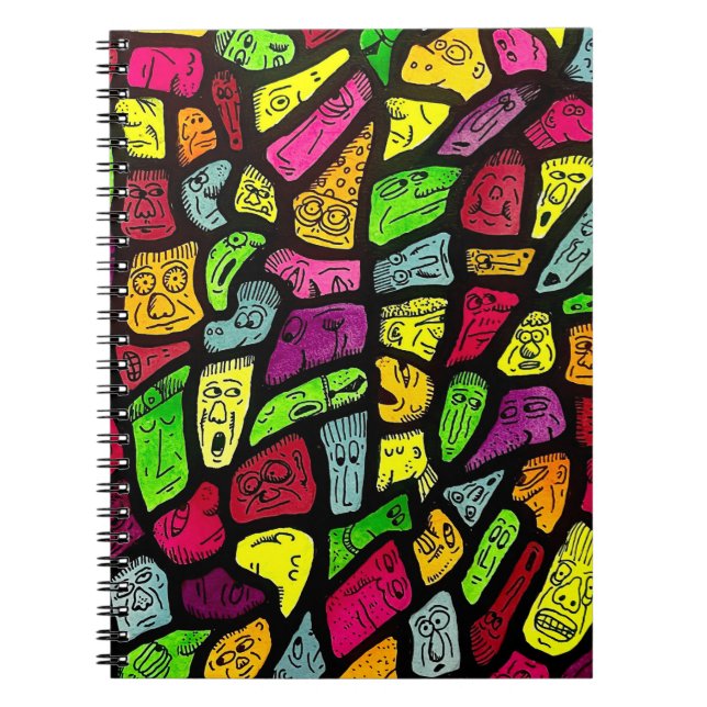 Caderno Espiral Fluorescent Cartoon Weird Faces Drawing (Frente)