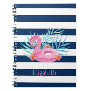 Caderno Espiral Flutuador de Piscina Flamingo Listras Azul Marinho