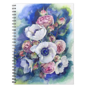 Caderno Espiral Fluxo de ilustração de rosas de flores aquáticas