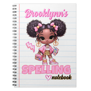 Caderno Espiral Fofa Afro Puff Rosa e Amarelo Garota Escolar Chic
