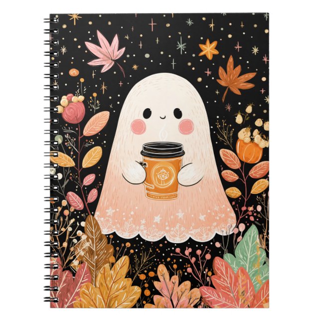 Caderno Espiral Fofa Fantasma de Outono com Café de Abóbora – Outo (Frente)
