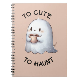 Caderno Espiral Fofa Fantasma Kawaii Segurando Café Aquarela 