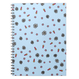 Caderno Espiral Fofo floral rosa e branco com estrelas em azul
