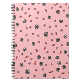 Caderno Espiral Fofo floral rosa e branco com estrelas em coral