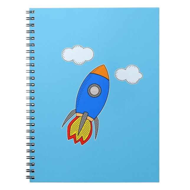 Caderno Espiral Foguete Espacial do Cartoon no Céu Azul (Frente)