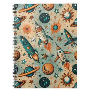 Caderno Espiral Foguetes Estrelas Cósmicas Caprichosas Coral Teal