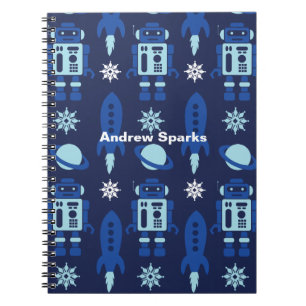 Caderno Espiral Foguetes, robôs, Marinho espacial de planetas