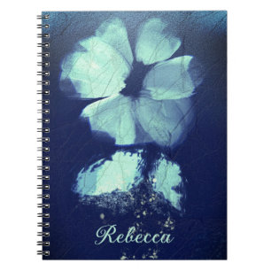 Caderno Espiral Foil Torquoise Floral Marinho Azul Script Monogram