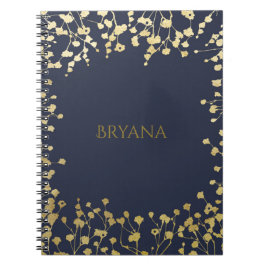 Caderno Espiral Fôlego de Bebê Dourado Floral Elegante Azul