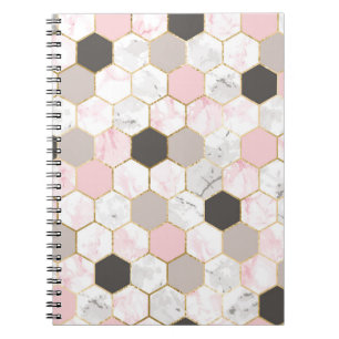 Caderno Espiral Folha de ouro geométrica, padrão de hexágono mármo