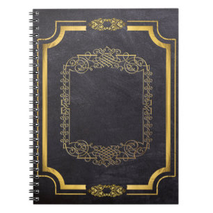 Caderno Espiral Folha Dourada e Couro Preto Falso