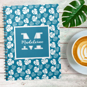 Caderno Espiral Folha Tropical de Monstera Azul Verde Floral Monog