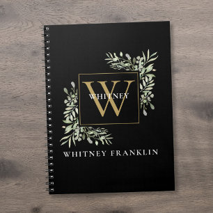 Caderno Espiral Folhagem de Eucalipto Elegante Preto Dourado Monog