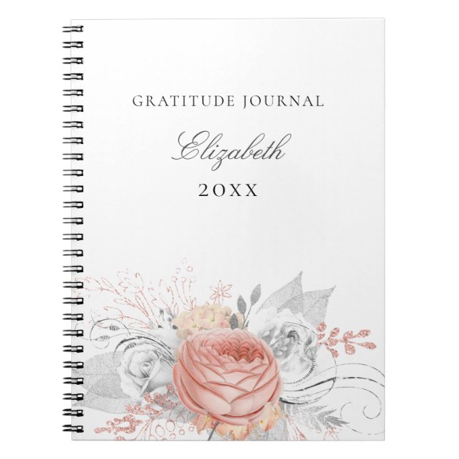 Caderno Espiral Folhagem de prata floral rosa de gratidão (Frente)