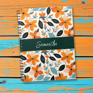 Caderno Espiral Folhagem Laranja e Azul e Flores Personalizadas