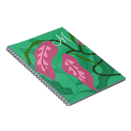 Caderno Espiral Folhagem Verde com Garrafa de Água da Flor Púrpura