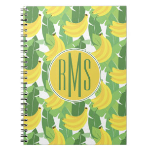 Caderno Espiral Folhas da banana e monograma do teste padrão da