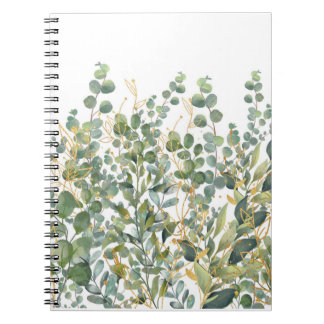 Caderno Espiral Folhas De Eucalipto Botânico Douradas E Verdes