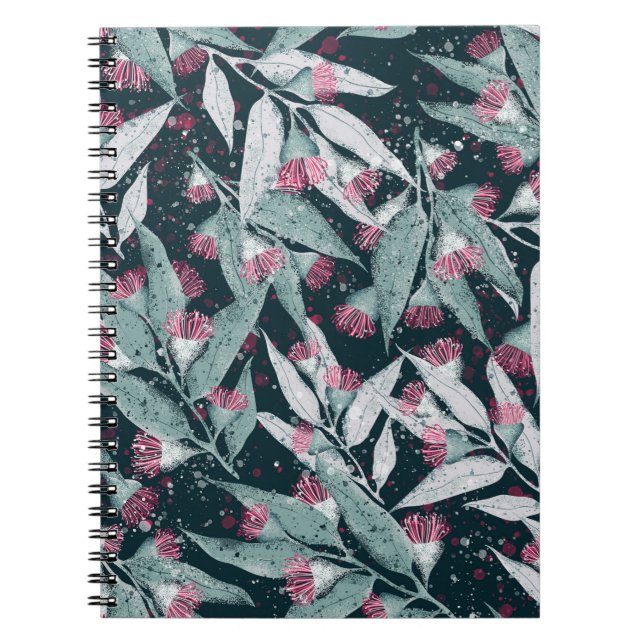 Caderno Espiral Folhas de Eucalyptus: flores escuras sem costura. (Frente)
