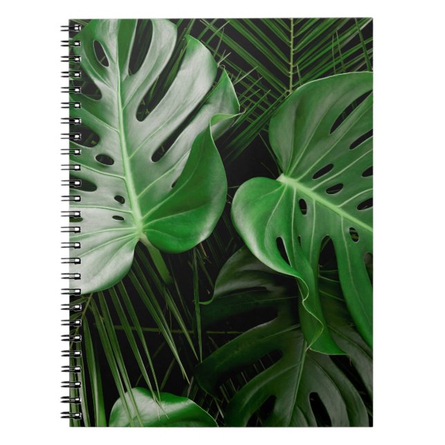 Caderno Espiral Folhas de monstera verde e palmeiras (Frente)