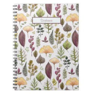 Caderno Espiral Folhas de Outono em Aquarela Fofa Nome Personaliza