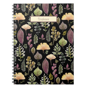 Caderno Espiral Folhas de Outono em Aquarela Fofa Nome Personaliza