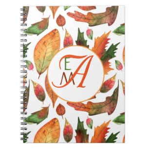 Caderno Espiral Folhas de outono Monogramas caem no Decor Verde La