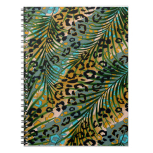 Caderno Espiral Folhas de palma num fundo-leopardo.