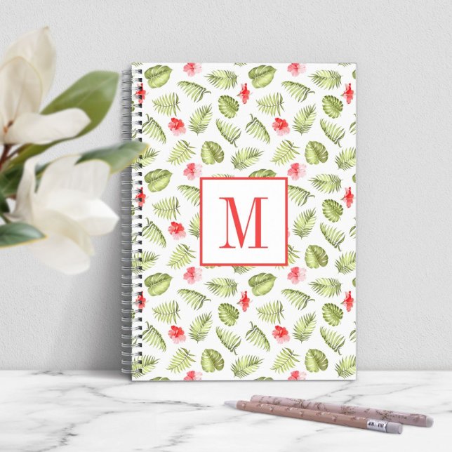 Caderno Espiral Folhas de Palma Verde em Monograma Moderno (Modern Monogram Green Palm Leaves Notebook)