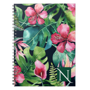 Caderno Espiral Folhas de Palmeira Tropical Escura Hibisco Floral 