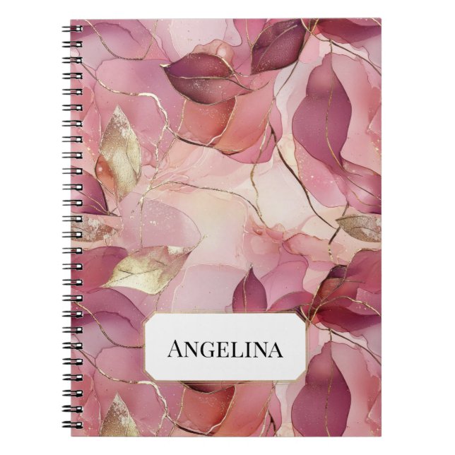 Caderno Espiral Folhas Douradas Cor-de-Rosa (Frente)