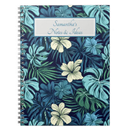 Caderno Espiral Folhas e Flores Tropicais Azuis 