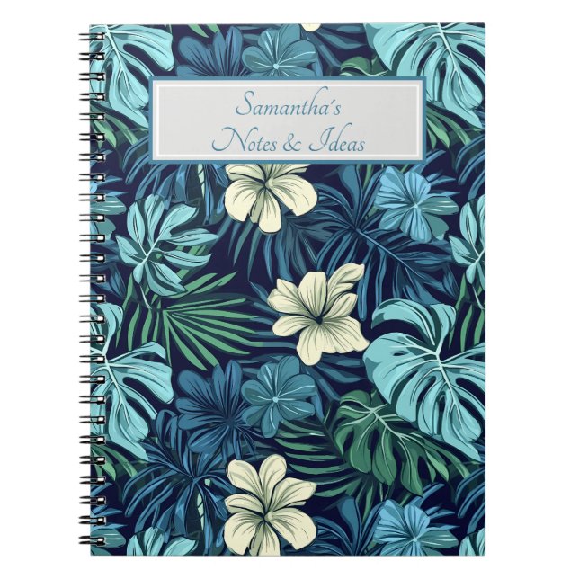 Caderno Espiral Folhas e Flores Tropicais Azuis  (Frente)