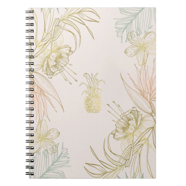 Caderno Espiral Folhas Florais Botânicas Tropicais Elegantes Doura (Frente)