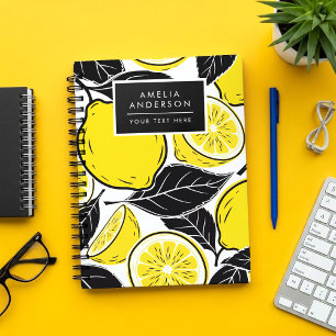 Caderno Espiral Folhas Pretas e Limão Moderno e Ousado Padrão Sem