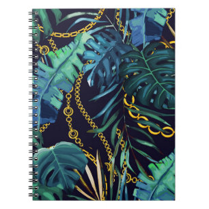 Caderno Espiral Folhas tropicais, correntes douradas, sem costura.