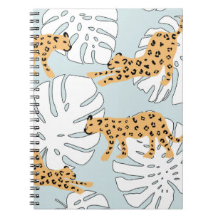 Caderno Espiral Folhas tropicais de leopardo e de palmeiras de mon