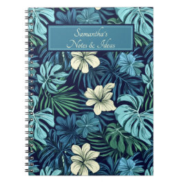 Caderno Espiral Folhas tropicais e flores azuis e brancas
