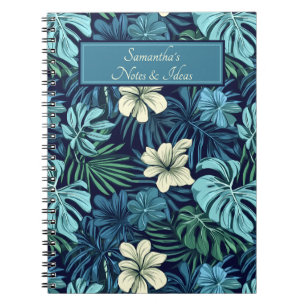 Caderno Espiral Folhas tropicais e flores azuis e brancas