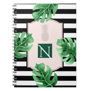 Caderno Espiral Folhas tropicais & monograma chique elegante do